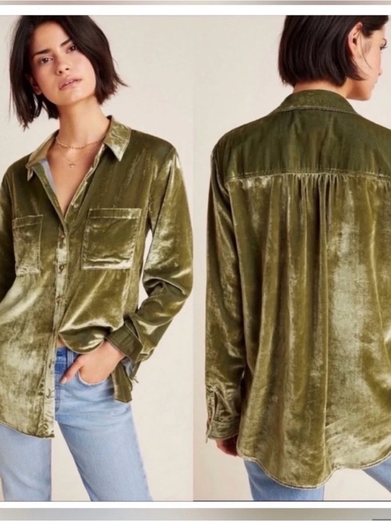 Pilcro Tops - Anthropologie - Pilcro Olive Green Velvet Button-Down Shirt Size S NWT